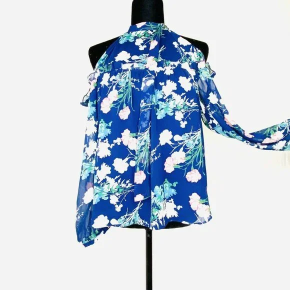 C Boho Chic Floral Blouse Chiffon Cold ShoulderBlue Top By C Size Small - Picture 3 of 8